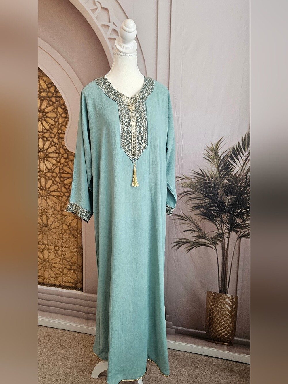 SHEIN Sage Green Embroidered Kaftan with Gold Tassel